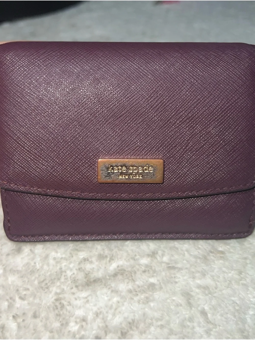 Vintage Kate Spade Small Plum Saffiano Leather Bifold Wallet with Gold Plaque
